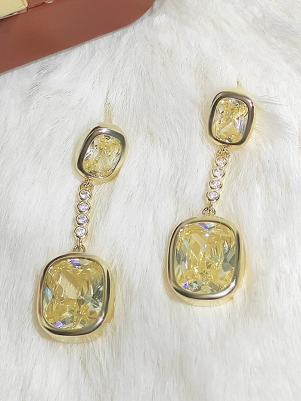 Gold-Tone Cushion Cut Yellow Crystal Drop Earrings